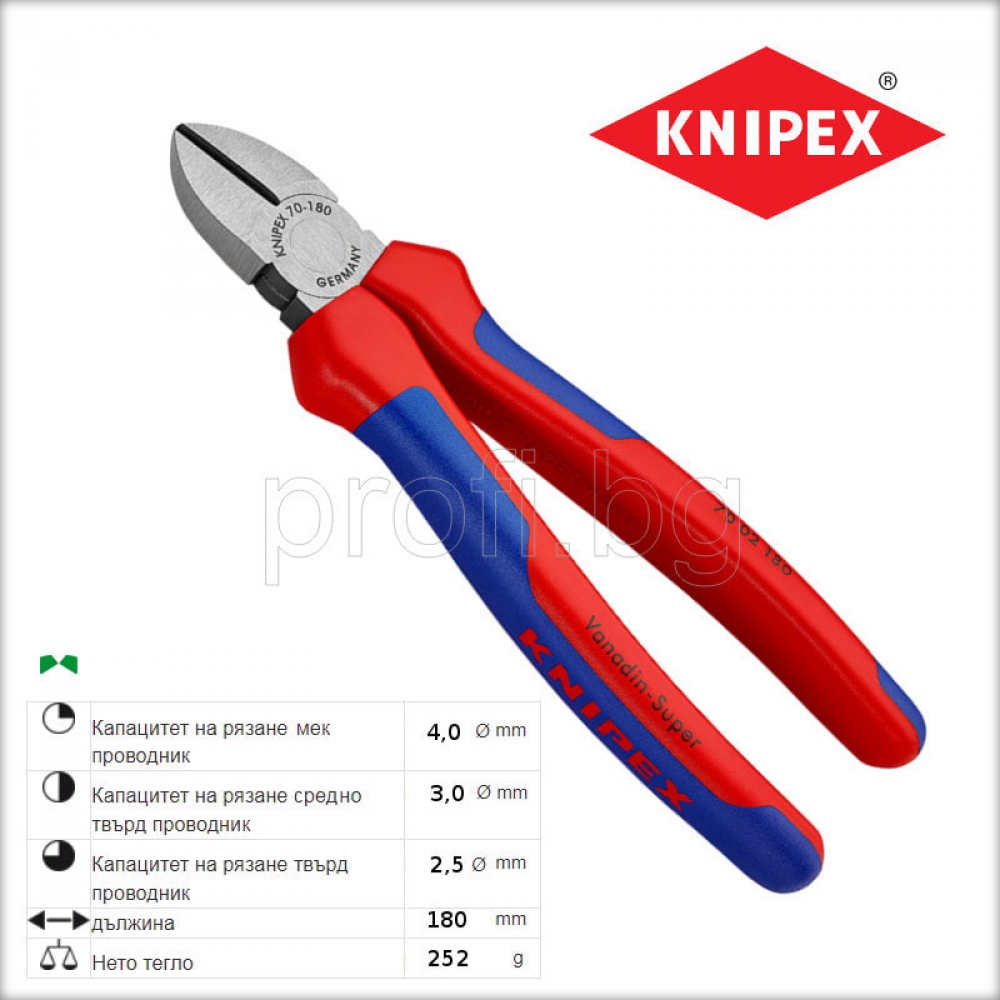 Клещи резачки 180 mm KNIPEX двукомпонентни дръжки
